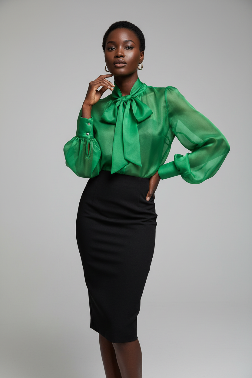 Fashion Sheer Bow Tie Puff Sleeve Shirt for Women