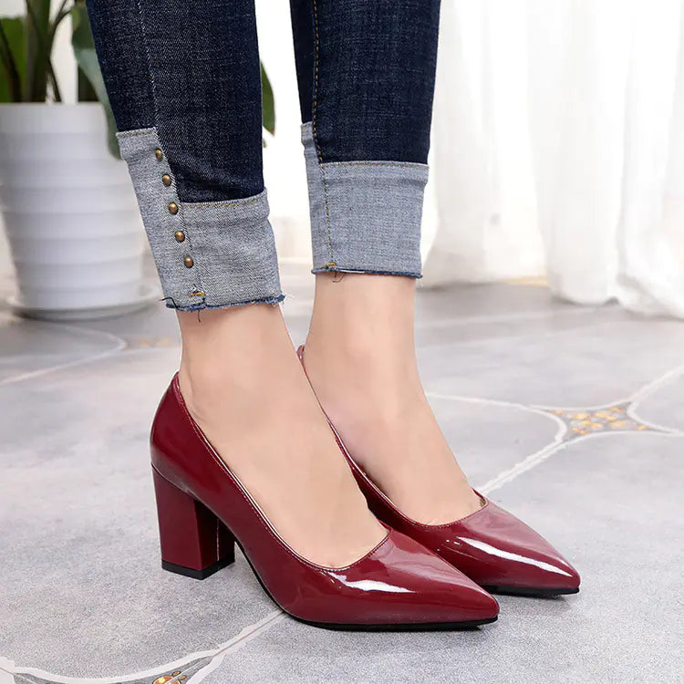 Pointed Toe Chunky Heel Pumps