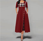 Color Block Midi Dress with Round Neck and Three-Quarter Sleeves