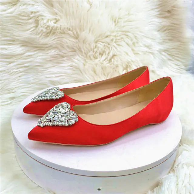 Crystal Sweetheart Satin Pointed Toe Flats for Women