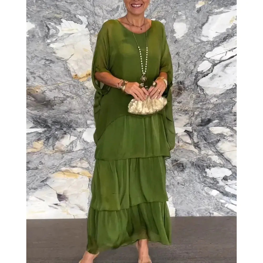 Loose Fit Midi Dress with Batwing Sleeves (One Piece)